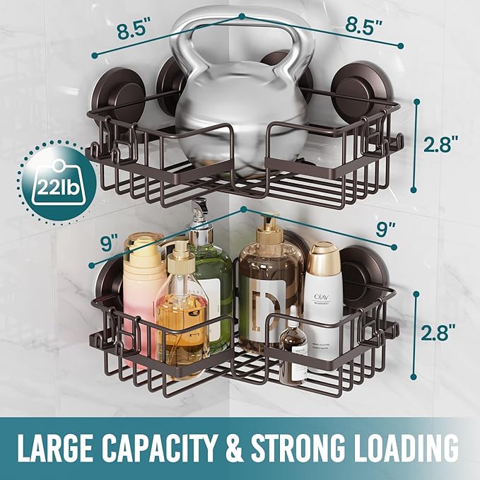 TAILI 2 Pack Powerful Suction Cup Shower Caddy Corner-adaptive, Stainless Steel Rustproof Shower Shelves with Hook, Drill-Free Wall Suction Baskets, Large Capacity Removable Bathroom Organizer, Brown