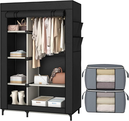Calmootey Portable Closet, Wardrobe with 6 Shelves and Hanging Rod, Storage Organizer for Bedroom, Non-Woven Fabric Cover with 4 Side Pockets, Includes 2 Storage Bags for Clothes, Black