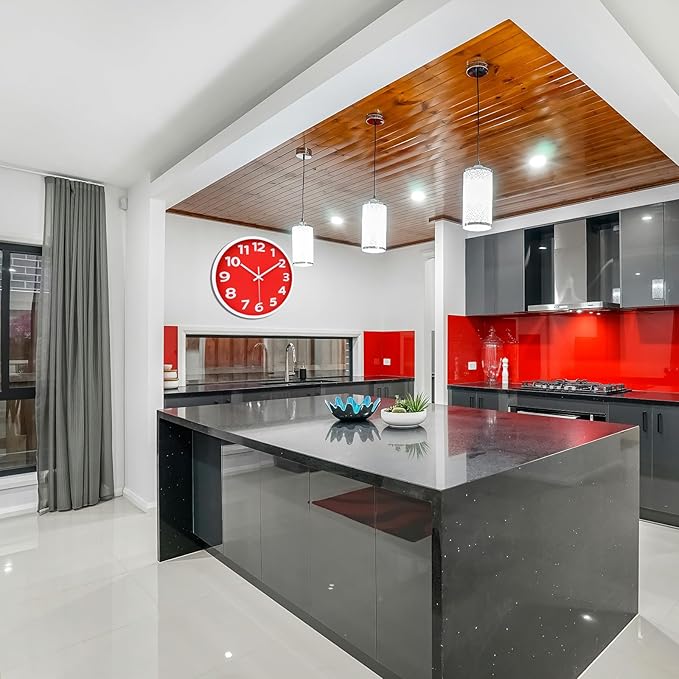 Red Wall Clock 10 Inch Silent Non-Ticking Battery Operated,Small Modern Wall Clocks Quality Quartz Analog Clock Decorative for Kitchen Home School Office, 3D Numbers Easy to Read