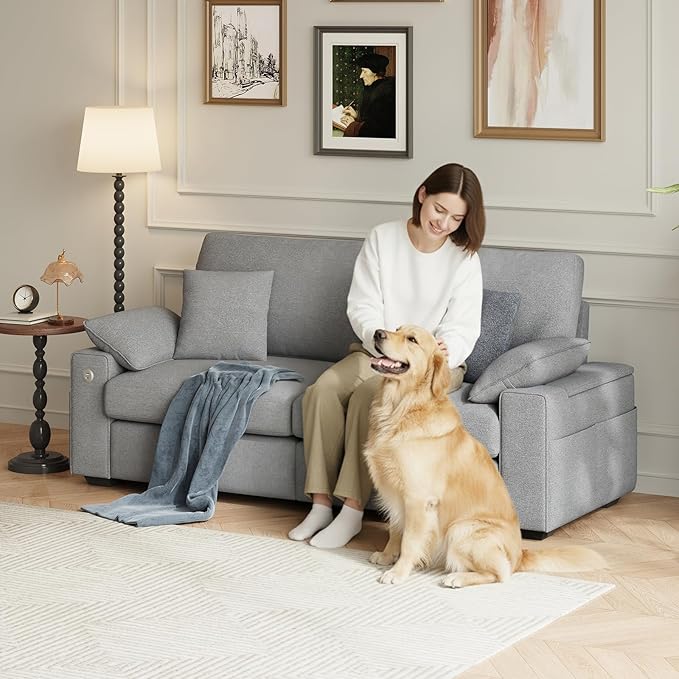 89" Loveseat Sofa, Cloud Foam Couch, 3 Seater Upholstered Midcentury Mondern Love Seat with USB Type C Ports, 4 Pillows and Flip-Open Storage Armrest for Living Room/Small Spaces, Grey