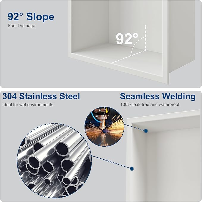 Stainless Steel Shower Niche 24" X 12", No Tile Needed Wall Niche, Recessed Shower Shelf for Bathroom Storage, Matte White