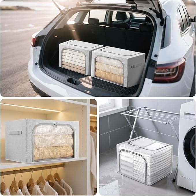 3 Pack Clothes Storage Bins with Metal Frame, Stackable & Foldable Linen Storage Box with Lids, Closet Organizers And Storage For Bedding, Blanket, Sweater, Baby Clothes. (Large 66L)