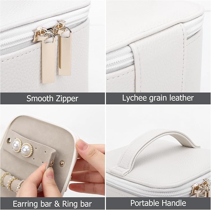 DesignSter Small Jewelry Box, Travel Small Jewelry Organizer with Earring Tray and Ring Holder, Square Travel Jewelry Storage Case with 6 Velvet Jewelry Pouches, Beige