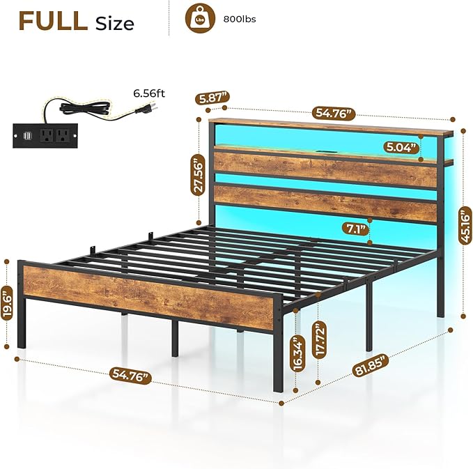 Hasuit Full Bed Frame with Headboard LED Lights, Full Size Bed with Charging Station 2-Tier Storage Shelves, Metal Platform Bed with Heavy Duty Slat, Fast Assembly, No Box Spring Needed, Noise Free
