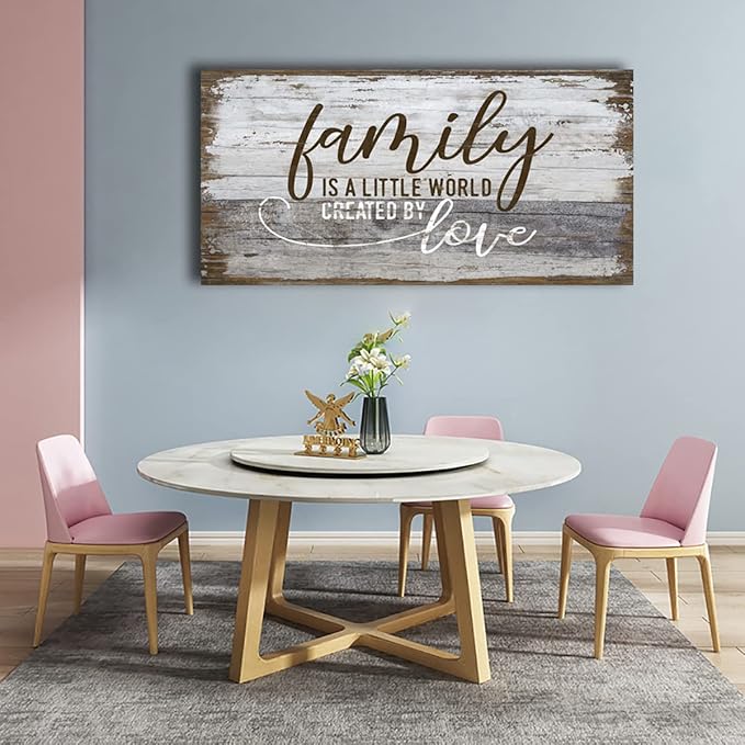 Family Is a Little World Created by Love Canvas Wall Art Rustic Letters Prints Retro Farmhouse Wooden Board Canvas Pictures Wall Decor Vintage Canvas Artwork for Living Room Decoration 24" x 48"