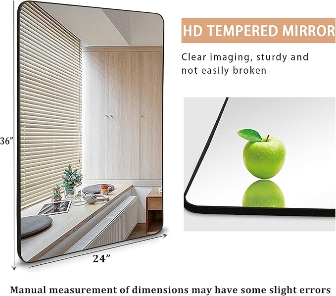 24x36 Inch Black Bathroom Wall Mirror, Modern Rectangle Mirrors with Tempered Glass for Bedroom Living Room or Entryway Horizontal/Vertical Hanging