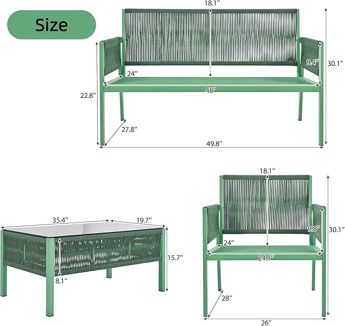 4-Piece Rope Outdoor Furniture Set, Patio Conversation Set with Tempered Glass Table, Rope-Woven Furniture Set with Deep Seat Design for Backyards, Balconies, Fluorescent Yellow & Green