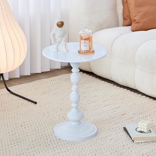 Elegant Vintage Round Side Table with Roman Columns - Sturdy Metal Design, Perfect as a Coffee, End, Tea, or Leisure Table for Living Room and Bedroom Decor, (White 1 Pack)