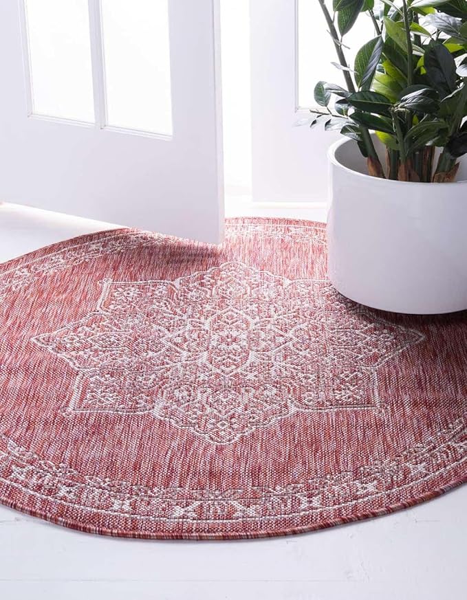 Unique Loom Outdoor Traditional Collection Area Rug - Antique (7' 10" Round Rust Red/Ivory)