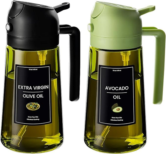 CXINYI - 16oz/470ml Olive Oil Dispenser for Kitchen with Stickers - 2 in 1 Olive Oil Sprayer for Cooking, Air Fryer, and Salad, Black&Green (Light-Proof Kitchen Gadget)