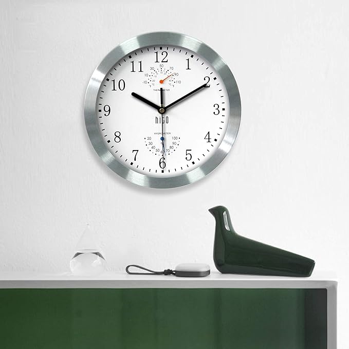 HITO 10 Inch Silent Wall Clock Battery Operated Non Ticking Glass Cover Silver Aluminum Frame, for Kitchen, Bedroom, Home Office, Living Room Decor (White)