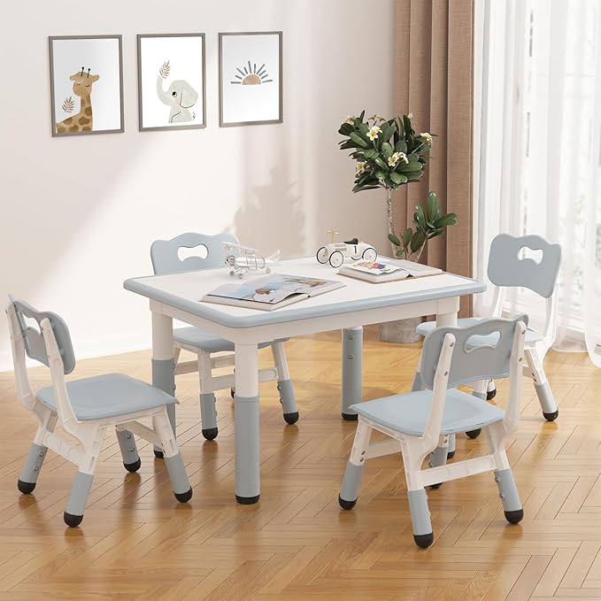 GAOMON Kids Table and 4 Chairs Set, Height Adjustable Toddler Table and Chairs Set for Ages 2-10, Graffiti Desktop, Non-Slip Legs, Child Table for Daycare Classroom Home