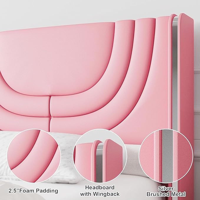 Pink Twin Bed Frame with LED Lights, Faux Leather Upholstered Platform with Silver Wingback Headboard, Modern Style, No Box Spring Needed, Easy Assembly