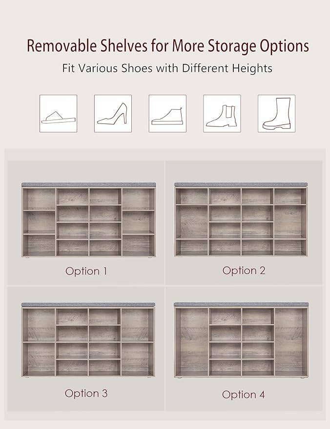 DINZI LVJ Shoe Storage Bench with Cushion, 14-Cubby Shoe Rack, Adjustable Shelves, Multifunctional Shoe Organizer Bench for Entryway, Mudroom, Hallway, Living Room, Bedroom and Garage, Greige