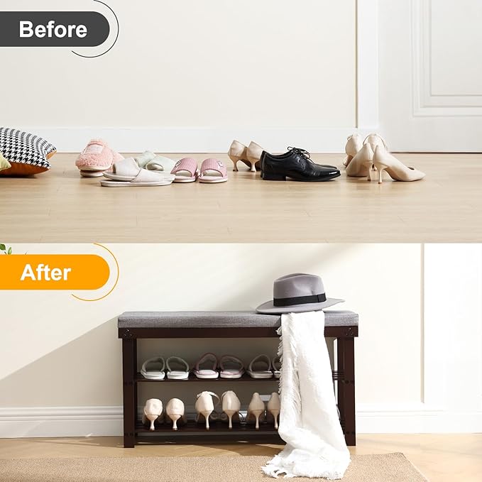 Apicizon 3-Tier Shoe Rack for Entryway, Bamboo Shoe Bench with Cushion Padded Seat, Small Shoe Organizer with Storage for Indoor Entrance Hallway Bedroom Living Room, 35.4 Inches, Brown