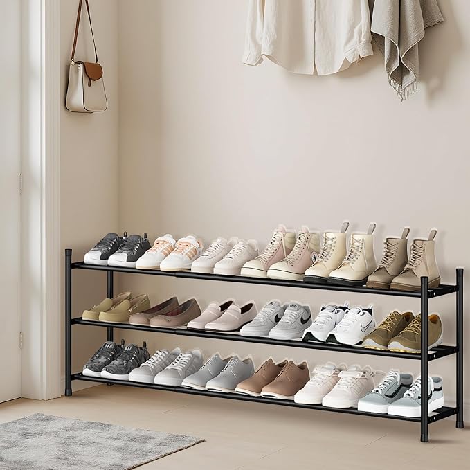 STORAGE MANIAC Long Expandable Shoe Rack, 18 Pairs Metal Wide Stackable Shoe Rack, Adjustable Shoes Shelf, Freestanding Shoes Organizer for Closet, Entryway, Hallway, Garage, Front Door, 3 Tiers