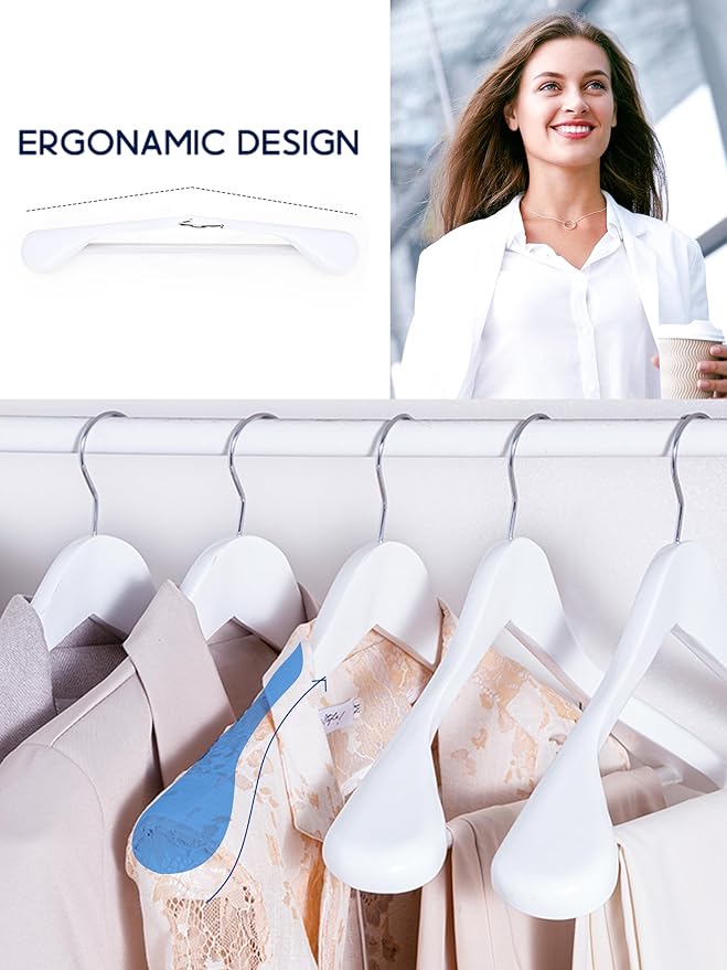 HOUSE DAY High-Grade Solid Wood Coat Hangers for Women, Wide Shoulder Wooden Hangers, Suit Hangers with Non Slip Pants Bar, Smooth Finish 360° Swivel Hook for Dress, Heavy Clothes Hangers 6 Pack White