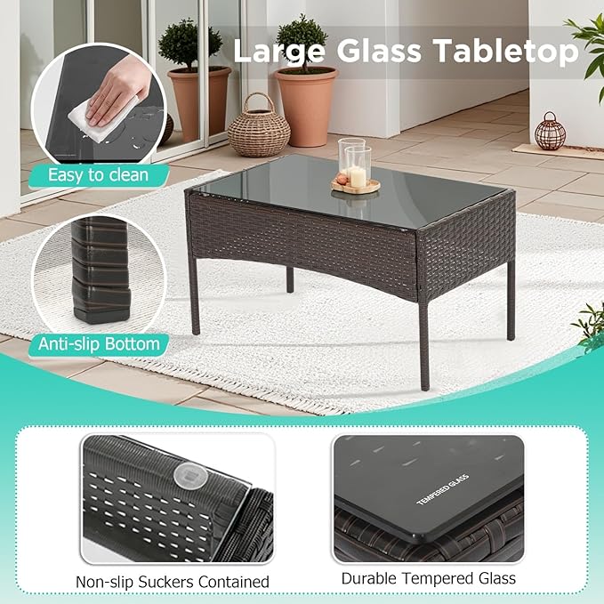 FDW Patio Furniture Set PE Rattan Patio Set Wicker Outdoor Furniture Bistro Set for Outdoor Indoor Use with Loveseats Coffee Table, Blue Cushions, 4 Pieces