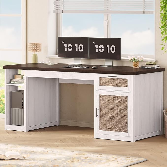 SEDETA 55.1" Rattan Office Desk with Drawers, Computer Desk with Drawers & Storage Cabinet, Farmhouse Home Office Desk with Storage, Wood Writing Desk with Power Outlets for Home Office, White