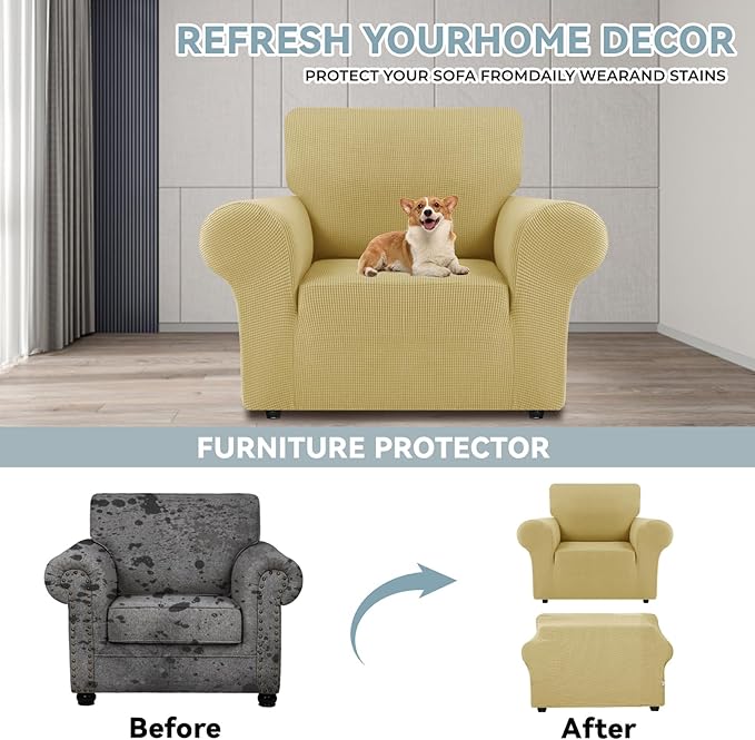 LURKA Stretch Chair Sofa Slipcovers 1 Piece Couch Covers for Sofa Furniture Protector Full Sofa Covers with Elastic Bottom for Kids and Dog (Champagne, Small)