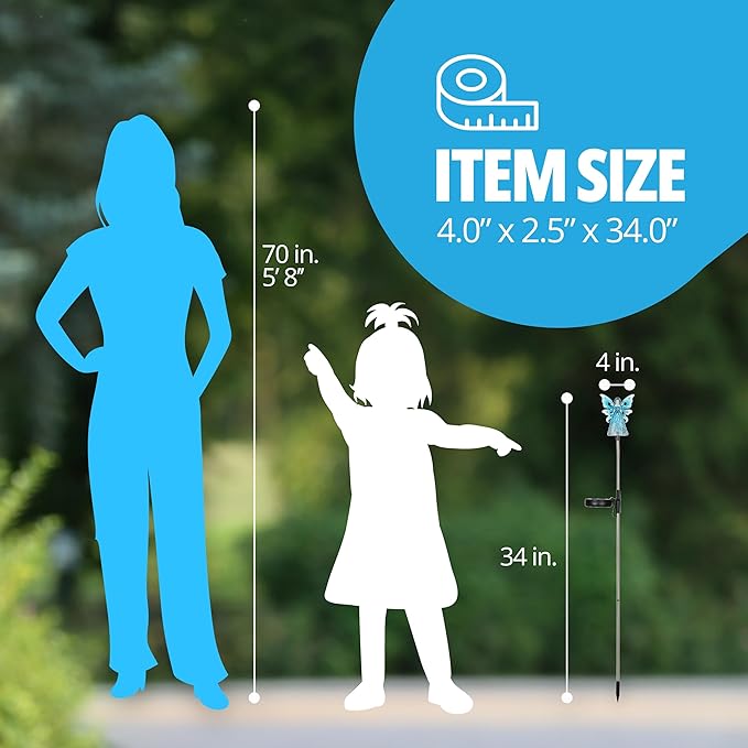 Exhart Garden Solar Lights, Decorative Angel Garden Stake, 12 LEDs, Cute Yard and Pathway Decor, Blue, 4 x 34 Inch