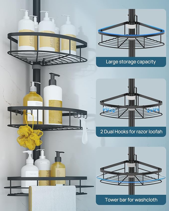 SEIRIONE Corner Shower Caddy Tension Pole, Rustproof Bathroom Shower Organizer Corner, 4-Tier Adjustable Bathroom Shelf, Solid Rack Ideal for Bathtub Storage, 34 to 116 Inch Height, Black