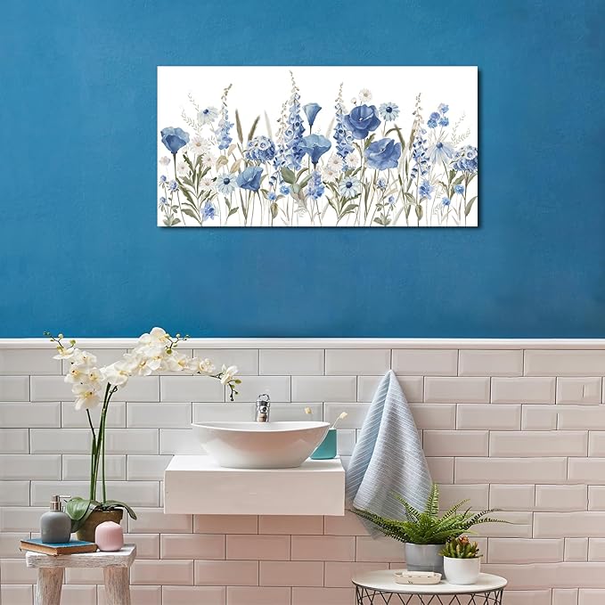 arteWOODS Elegant Flowers Wall Art - Blue White Botanical Pictures for Wall Decor Floral Blossom Canvas Painting Print Artwork for Living Room Bedroom Home Office Wall Decoration 20" x 40"
