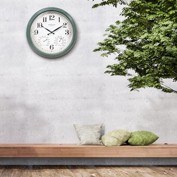 Maison in/Outdoor Clock with Thermometer, 2 in One Weather Station (Weather Thermometer/Wall Decoration) (Aged Teal, 18 inch)