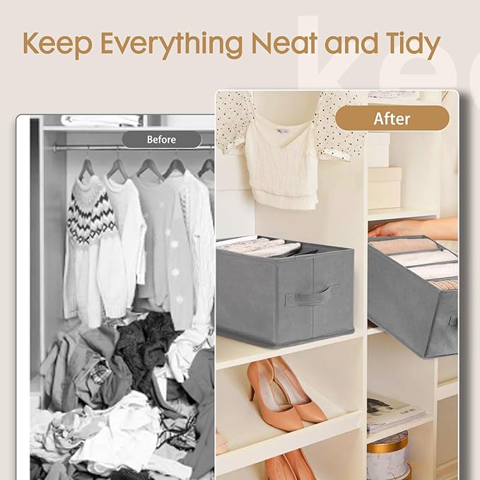 Criusia 6 Pack Large Clothes Organizer, Wardrobe Closet Organizer and Storage with Handles, Foldable Fabric Closet Organizers Dividers for Clothing, Pants, Jeans, Sweater, T-shirts, Grey