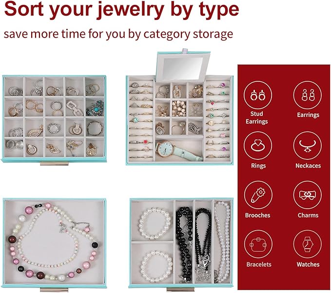 BOOVO Clear Lid Jewelry Box,4 Layers Jewelry Organizer Large Jewelry Storage Box with 3 Drawers,Jewelry Holder Organzier of Rings Earrings Necklace Bracelets for Women (Turquoise blue, 4 Layer)