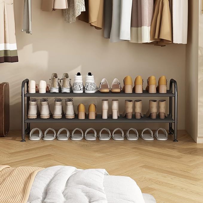 Shoe Rack 2 Tier Long Storage Organizer Wide Metal Shoe Shelf for Closet Entryway Black