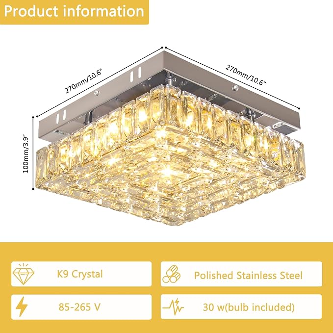 Square Crystal Ceiling Light 10.6" Modern LED Bedroom Chandelier Small Flush Mount Ceiling Lights Fixture for Kitchen Dining Room (Warm Light)