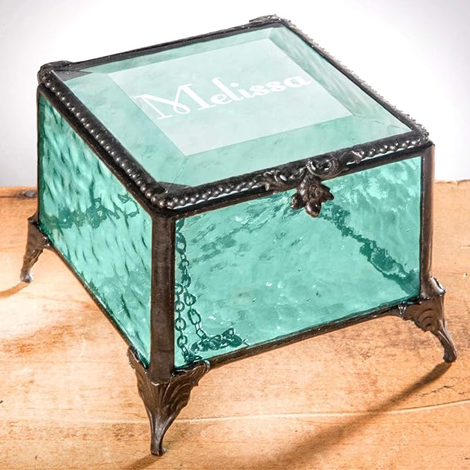 Personalized Engraved Jewelry Box Decorative Vanity Display Stained Glass Keepsake - J Devlin Box EB217-1 (Windsor Blue)