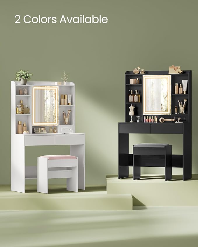 VASAGLE KAILYN Collection - Vanity Desk with Power Outlets, Makeup Vanity with Mirror and Lights, Upholstered Vanity Stool, LED Lights, 6 Compartments, 2 Drawers, for Bedroom, Ink Black URDT031B01