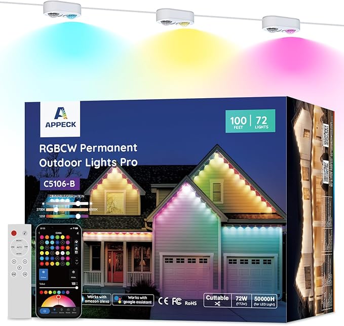 APPECK Permanent Outdoor Lights Pro 100ft, 72W RGBCW Eaves Lights with 72 LED Lights, 80lm, Cuttable, 111 Scene Modes, IP67 Waterproof Lighting for Christmas Decoration, Compatible with Alexa, White