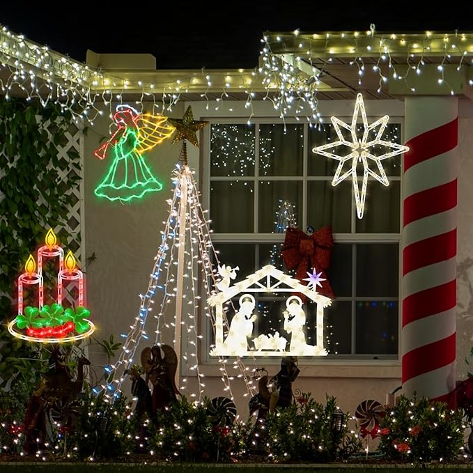 Christmas Decorations - 16" Christmas Window Silhouette Lights - 4 Pack Colour Lighted Nativity & Angel & Bethlehem Star & Candle for Holiday Indoor and Outdoor Wall Door Window Decorate