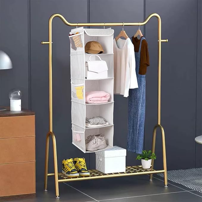 5 Shelves Hanging Closet Organizer, 2 Pack Hanging Storage with 6 Side Pockets for Clothes Shoes, 43"x12"x12"(Strip)