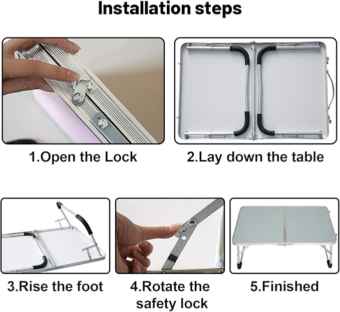 Foldable Laptop Table, Bed Desk, Breakfast Serving Bed Tray, Portable Mini Picnic Table & Ultra Lightweight, Folds in Half with Inner Storage Space (Silvery)