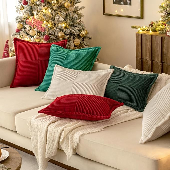 MIULEE Christmas Decorative Lumbar Throw Pillow Covers for Couch Bed Livingroom 12x20 Inch Set of 2 Dark Green Boho Accent Throw Pllows Broadside Striped Patchwork Soft Corduroy Pillowcases