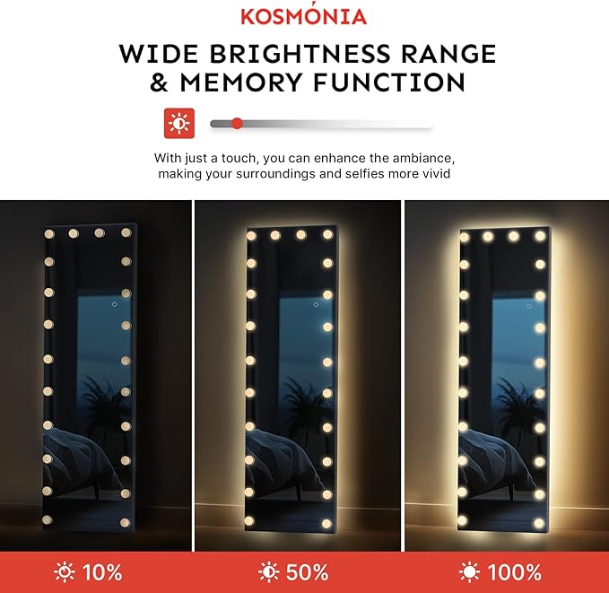 62x20 Hollywood Full Length Mirror with Light, 20 Dimmable Bulbs & 3 Color Smart Touch Control, Distortion Free, Tempered Glass & Shatter Proof Film, Safe Full Body Mirrors with Stand