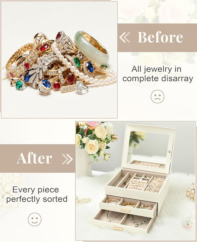 Amearea Jewelry Box Organizer for Women Girls with Mirror, 3-Layer Large Jewelry Storage Case, Synthetic Leather Jewelry Holder Organizer with Removable Tray for Necklaces Earrings Rings, White