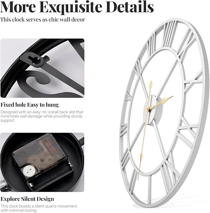 Large Wall Clock 20 Inch Silver Decorative Clock, Modern Metal Round Wall Clock Roman Numerals Battery-Operated Wall Clocks for Living Room Bedroom, Kitchen, Office