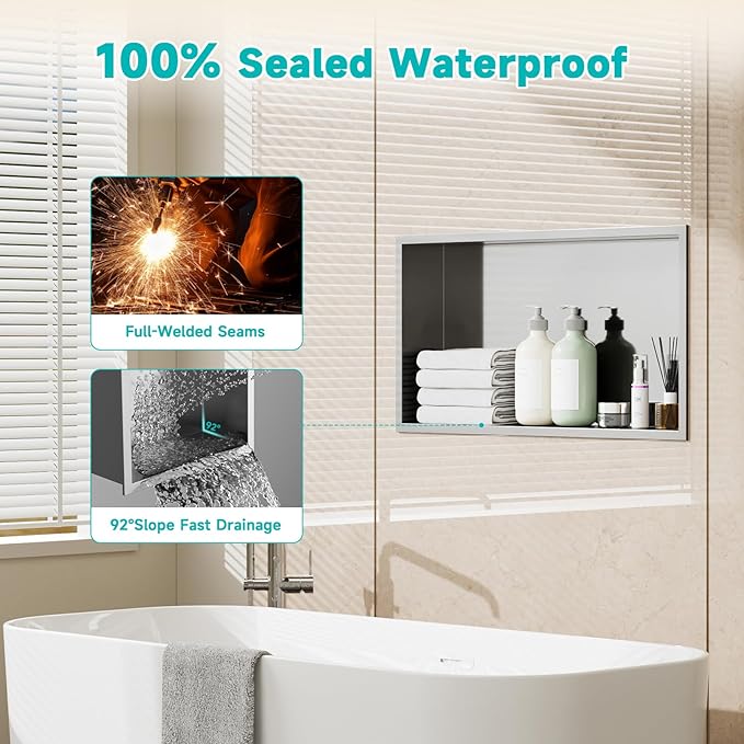 Stainless Steel Shower Niche 12" x 24" Recessed Wall Niche, No Tile Needed, Waterproof & Rustproof Bathroom Storage Shelf (Brushed Nickel)