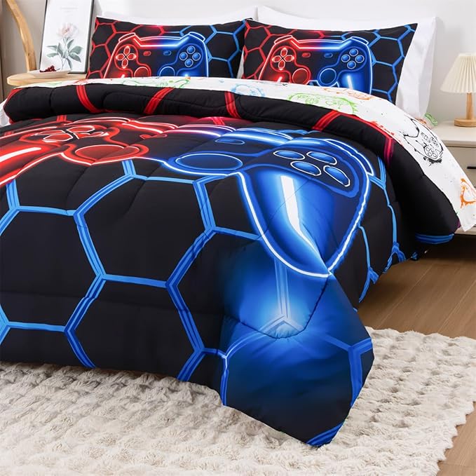 NTBED Game Console Comforter Set for Boys Girls Kids 3D Gaming Geometric Lightweight Microfiber Gamer Bedding Sets (Red Blue, Twin 5Pcs)