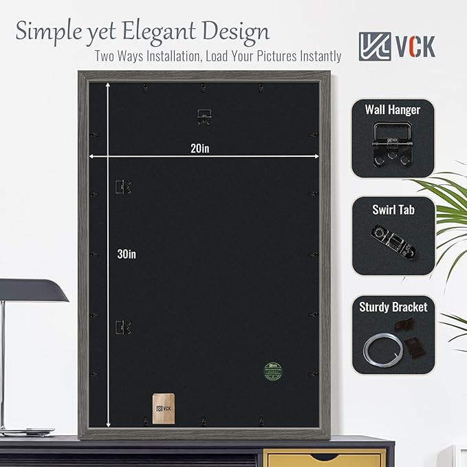 VCK 20x30 Poster Frame Set of 4 - Grey, Gallery-Quality Wood Picture Frames, 1.1-Inch Wide Border, Polished Plexiglass, Vertical or Horizontal Wall Display for Photo/Art/Prints, Grey