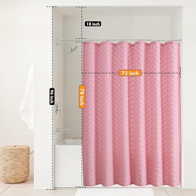 Pink Boho Shower Curtain Woven Fabric Cute Shower Curtain Modern Farmhouse Textured Tufted Chevron Striped Minimalist 72 x 78 Bathroom Shower Curtains
