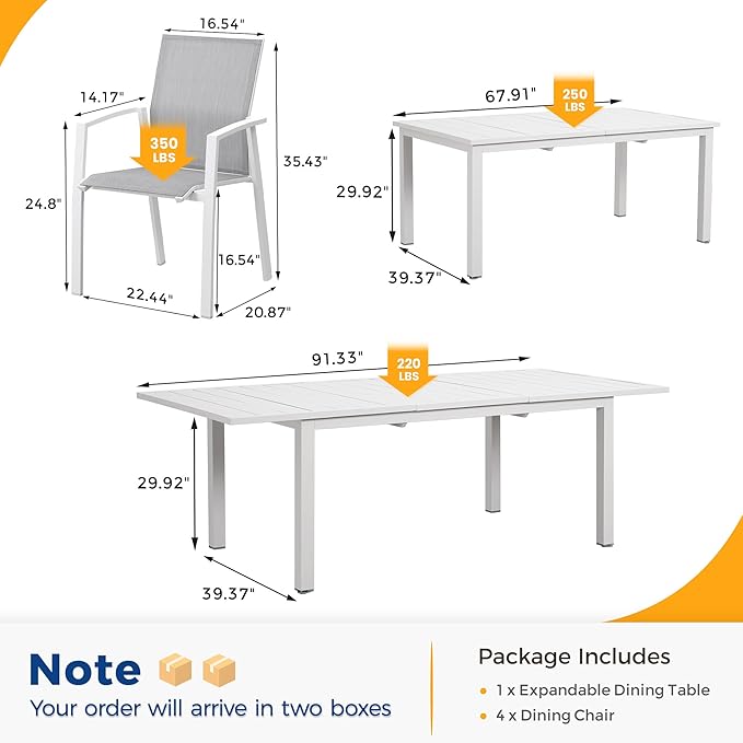 5 Piece Aluminum Outdoor Patio Dining Sets with Fully Assembled Dining Chair，91.3"L×39.4"W Expandable Patio Table and Chairs Set for 4, Stackable Chairs with Quick Drying Fabric, White