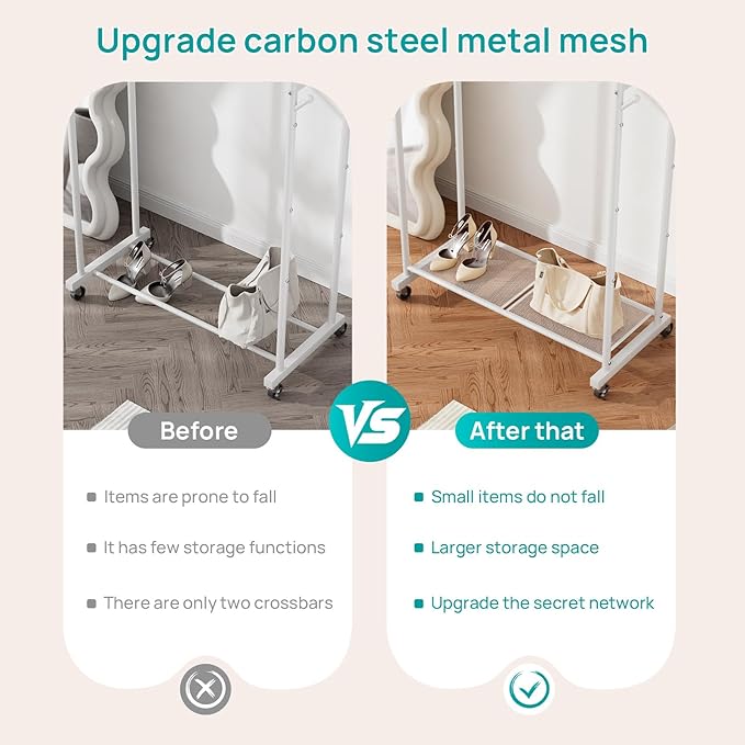 SINGAYE Clothing Rack Garment Coat Racks Drying Metal Freestanding for Hanging Clothes Portable With Wheels Closet for Laundry Bedroom White