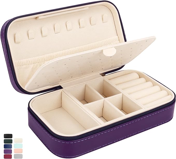DesignSter Travel Jewelry Box, PU Leather Portable Jewelry Case, Small Jewelry Boxes for Gifts, Travel Jewelry Organizer for Women Rings Earrings Necklaces Bracelets (Dark Purple)