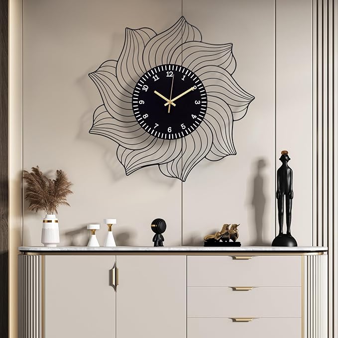 22 Inch Flower Wall Clock, Silent Non-Ticking Battery Operated Modern Decorative Metal Wall Clocks for Living Room, Bedroom, Kitchen, Office